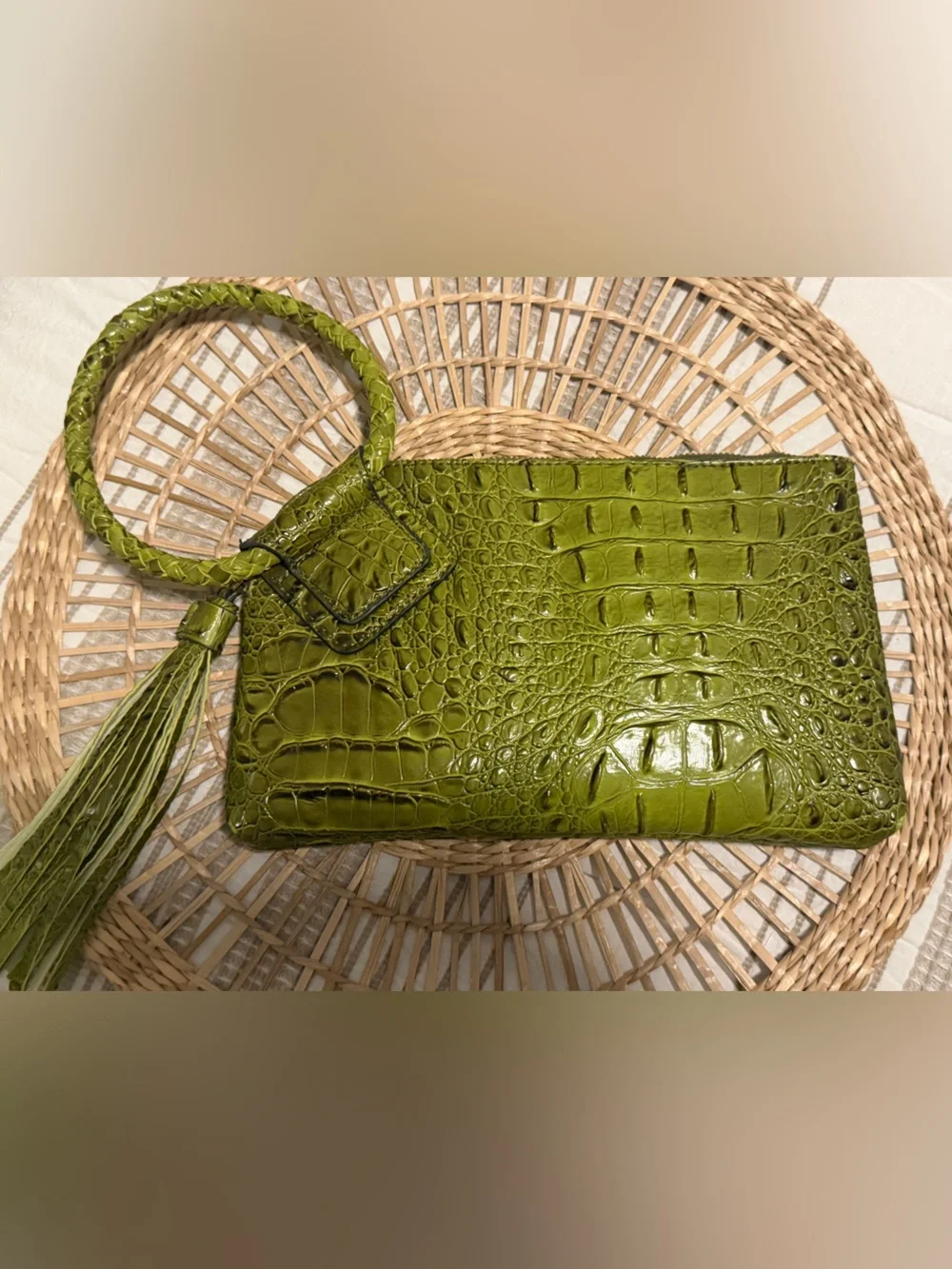 Olive Green Vegan Croc-Embossed Wristlet Clutch with Tassel